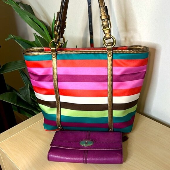 Coach Handbags - Coach Legacy Stripe Tote F0926-F14009 and Fossil Wallet with Coordinating Color